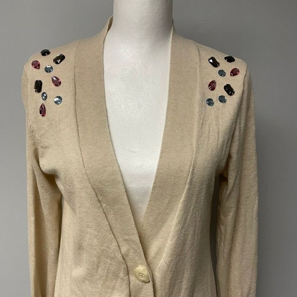 Candie's Jeweled Sweater Womens Large Beige Long Sleeves Button Front Pockets